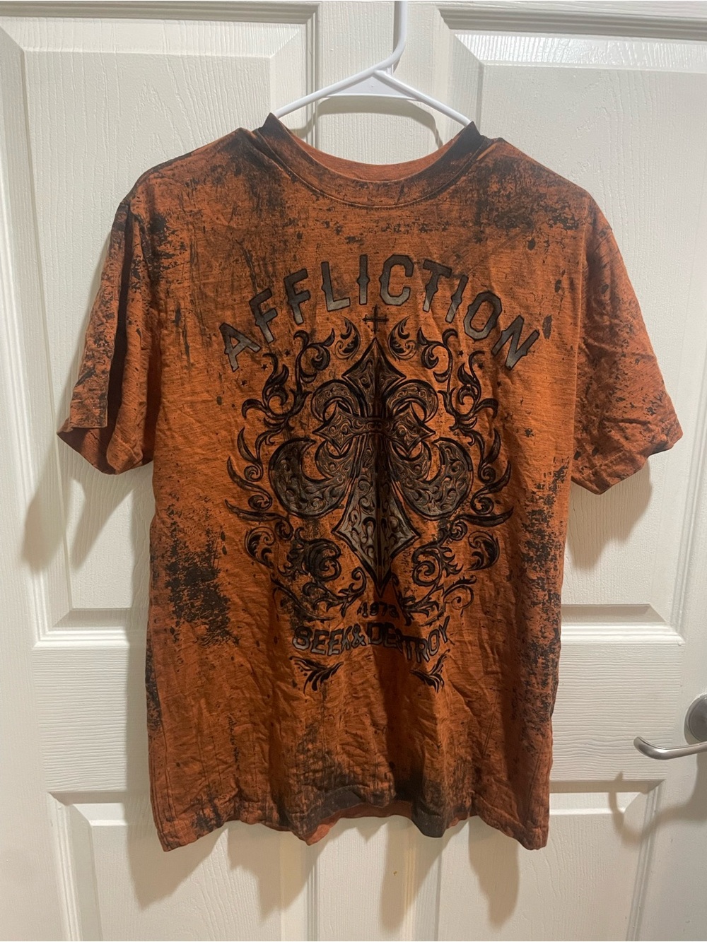 Affliction Orange and Black Distressed Graphic Tee